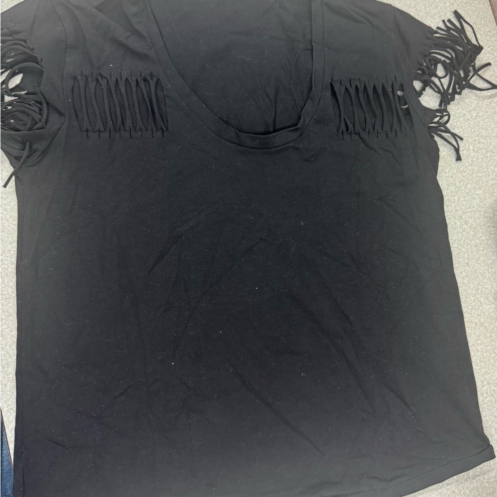 FATE -  Black Fringe Sleeve Tee